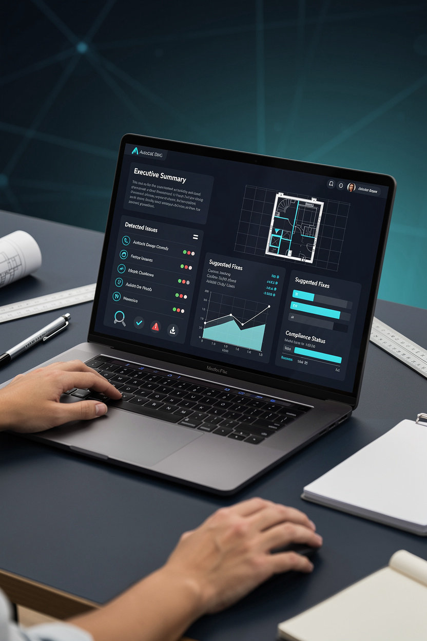 CADFix تقرير مفصل PDF يعرض نتائج فحص المخطط والأخطاء المكتشفة والحسابات الدقيقة